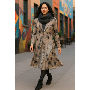 New Lola San Francisco Dress Size 36 Beige Gray Abstract Ruffle Knit ITY